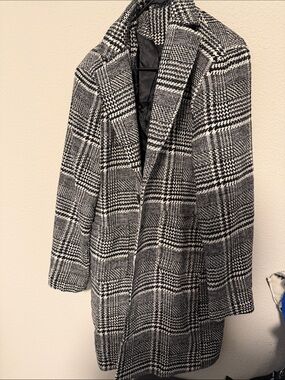 Men’s Black & White Glen Plaid Single Breasted Over Pea Coat
